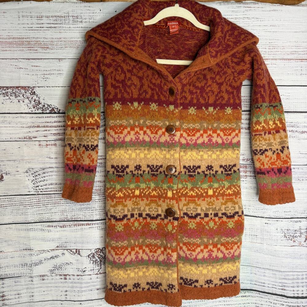 Sundance XS 100% Lambswool Fair Isle Long Cardigan Sweater Coat Boho Hooded